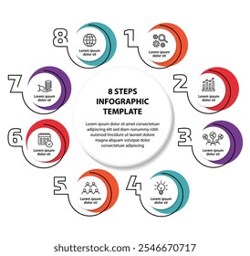 Modelo infográfico de 8 etapas com 8 opções. Fluxograma que pode ser usado para apresentação, visualização e relatório de negócios. Ilustração vetorial dos elementos infográficos da linha do tempo.