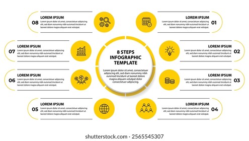 8 steps infographic template with 8 options. Flowchart that can be used for business report, data visualization and presentation. Timeline infographic elements vector illustration.