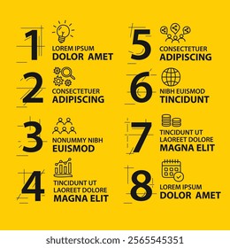 8 steps infographic template with 8 options. Flowchart that can be used for business report, data visualization and presentation. Timeline infographic elements vector illustration.