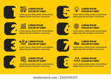8 steps infographic template with 8 options. Flowchart that can be used for business report, data visualization and presentation. Timeline infographic elements vector illustration.