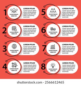 8 steps infographic template with 8 options. Flowchart that can be used for business report, data visualization and presentation. Timeline infographic elements vector illustration.