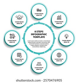 8 steps infographic template with 8 options. Flowchart that can be used for business report, data visualization and presentation. Timeline infographic elements vector illustration.