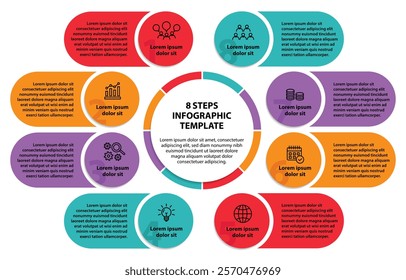8 steps infographic template with 8 options. Flowchart that can be used for business report, data visualization and presentation. Timeline infographic elements vector illustration.