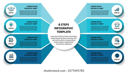 8 steps infographic template with 8 options. Flowchart that can be used for business report, data visualization and presentation. Timeline infographic elements vector illustration.