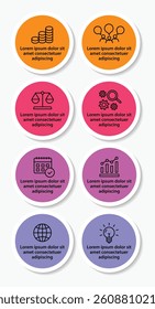 8 steps infographic template with 8 options. Flowchart that can be used for business report, data visualization and presentation. Timeline infographic elements vector illustration.