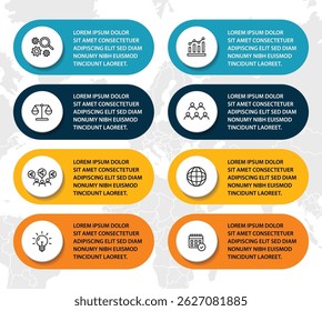 Plantilla de infografía de 8 pasos con 8 opciones. Diagrama de flujo que se puede utilizar para informes de negocio, visualización de datos y presentación. Ilustración vectorial de elementos infográficos de línea de tiempo.