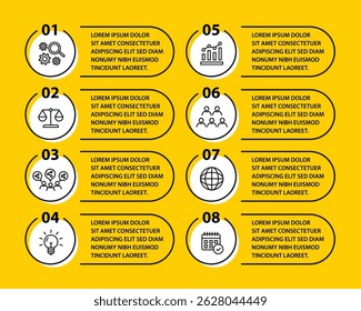 8 steps infographic template with 8 options. Flowchart that can be used for business report, data visualization and presentation. Timeline infographic elements vector illustration.