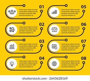 Modelo infográfico de 8 etapas com 8 opções. Fluxograma que pode ser usado para apresentação, visualização e relatório de negócios. Ilustração vetorial dos elementos infográficos da linha do tempo.