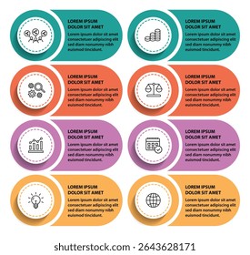 8 steps infographic template with 8 options. Flowchart that can be used for business report, data visualization and presentation. Timeline infographic elements vector illustration.