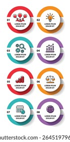 8 steps infographic template with 8 options. Flowchart that can be used for business report, data visualization and presentation. Timeline infographic elements vector illustration.