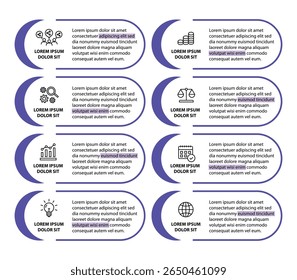 Plantilla de infografía de 8 pasos con 8 opciones. Diagrama de flujo que se puede utilizar para informes de negocio, visualización de datos y presentación. Ilustración vectorial de elementos infográficos de línea de tiempo.