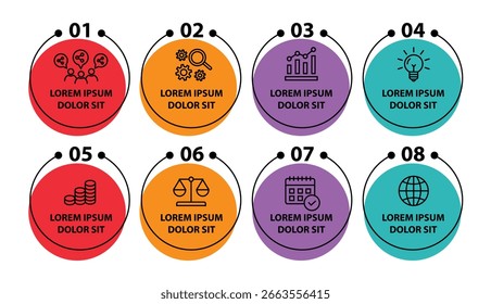 8 steps infographic template with 8 options. Flowchart that can be used for business report, data visualization and presentation. Timeline infographic elements vector illustration.