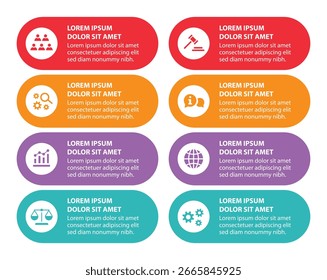 Modelo infográfico de 8 etapas com 8 opções. Fluxograma que pode ser usado para apresentação, visualização e relatório de negócios. Ilustração vetorial dos elementos infográficos da linha do tempo.