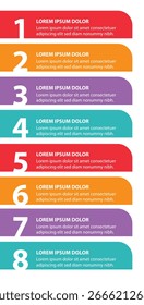Modelo infográfico de 8 etapas com 8 opções. Fluxograma que pode ser usado para apresentação, visualização e relatório de negócios. Ilustração vetorial dos elementos infográficos da linha do tempo.