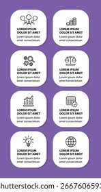 8-Stufen-Infografik-Vorlage mit 8 Optionen. Flussdiagramm, das für Geschäftsberichte, Datenvisualisierung und Präsentation verwendet werden kann. Infografische Elemente der Zeitleiste, Vektorgrafik.