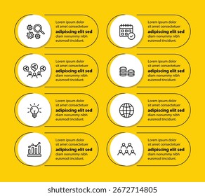 Plantilla de infografía de 8 pasos con 8 opciones. Diagrama de flujo que se puede utilizar para informes de negocio, visualización de datos y presentación. Ilustración vectorial de elementos infográficos de línea de tiempo.