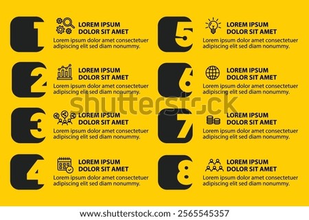 8 steps infographic template with 8 options. Flowchart that can be used for business report, data visualization and presentation. Timeline infographic elements vector illustration.