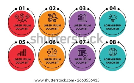 8 steps infographic template with 8 options. Flowchart that can be used for business report, data visualization and presentation. Timeline infographic elements vector illustration.