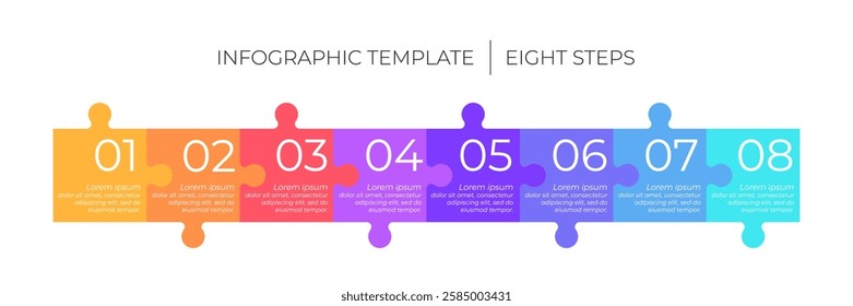 8 steps infographic template. Puzzle style timeline concept of eight dependent components or parts of business project. 