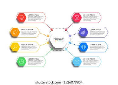 8 steps infographic template with realistic hexagonal elements on white background. business process diagram. company presentation slide template. modern vector info graphic layout design. eps 10