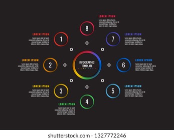 8 steps infographic template with round paper cut elements on black background. business process diagram. company presentation slide template. modern vector info graphic layout design. eps 10