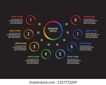 8 steps infographic template with round paper cut elements on black background. business process diagram. company presentation slide template. modern vector info graphic layout design. eps 10