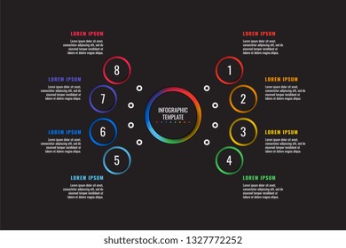 8 steps infographic template with round paper cut elements on black background. business process diagram. company presentation slide template. modern vector info graphic layout design. eps 10
