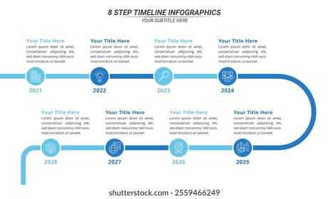 8 Steps Infographic Timeline on a 16:9 Layout for Business Presentation, Poster, Banner and Booklet.	