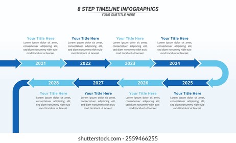 8 Steps Infographic Timeline on a 16:9 Layout for Business Presentation, Poster, Banner and Booklet.	