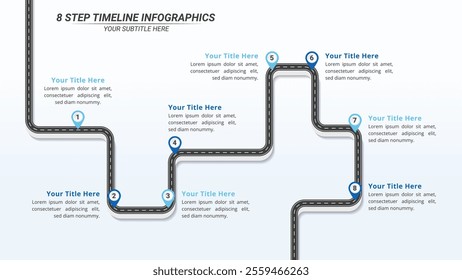 8 Steps Infographic Timeline on a 16:9 Layout for Business Presentation, Poster, Banner and Booklet.	