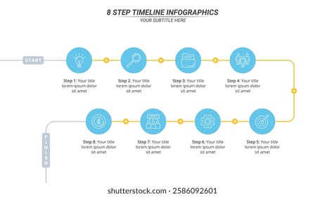 8 Steps Infographic Timeline on a 16:9 Layout for Business Presentation, Poster, Banner and Booklet.