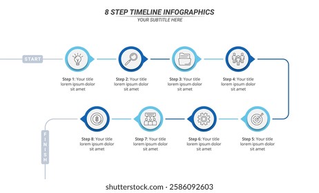 8 Steps Infographic Timeline on a 16:9 Layout for Business Presentation, Poster, Banner and Booklet.