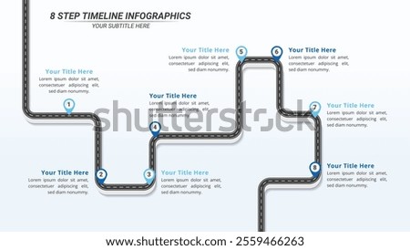 8 Steps Infographic Timeline on a 16:9 Layout for Business Presentation, Poster, Banner and Booklet.	
