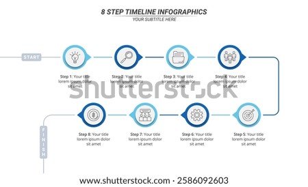 8 Steps Infographic Timeline on a 16:9 Layout for Business Presentation, Poster, Banner and Booklet.