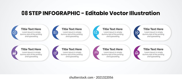 Plantilla de diseño de infografías de 8 pasos: gráfico, gráfico circular, diseño de flujo de trabajo, diagrama de ciclo, folleto, informe, presentación, diseño web. Ilustración del vector editable