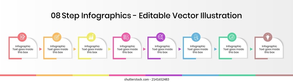 8 Steps Infographics Design Template - Graph, Pie chart, workflow layout, squire diagram, brochure, report, presentation, web design. Editable Vector illustration