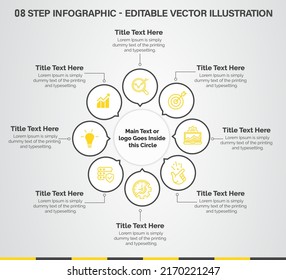 8 Steps Infographics Design Template - Graph, banner , Pie chart, workflow layout, circular diagram, brochure, report, presentation, web design. Editable Vector illustration