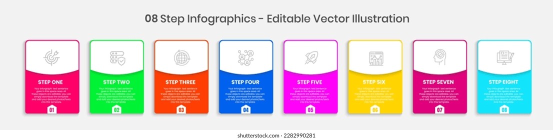 8 Steps Infographics Design Template - Graph, Pie chart, workflow layout, squire diagram, brochure, report, presentation, web design. Editable Vector illustration