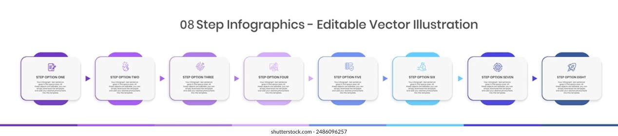 8 Stufen Infografik Design Vorlage - Graph, Tortendiagramm, Workflow-Layout, Squire-Diagramm, Broschüre, Bericht, Präsentation, Webdesign. Editierbare Vektorillustration