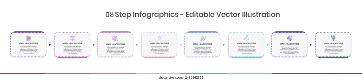 8 Pasos Infografía Plantilla de diseño - Gráfico, gráfico circular, diseño de flujo de trabajo, diagrama de escudero, folleto, informe, presentación, Diseño web. Ilustración vectorial editable