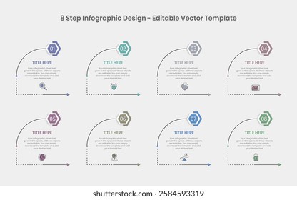 8 Steps Infographics Design Template - Graph, Pie chart, workflow layout, square diagram, brochure, report, presentation, web design Editable Vector illustration on white background