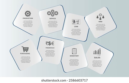 8 Steps Infographics Design Template with icon - Graph, layout, squire diagram, brochure, report, presentation, web design. Editable Vector illustration