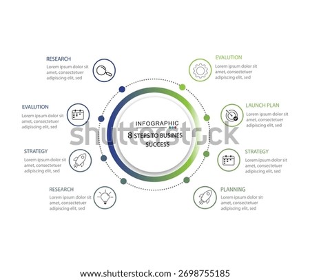 8 Steps Infographics Design Template - Graph, Pie chart, workflow layout, squire diagram, brochure, report, presentation, web design Editable Vector	