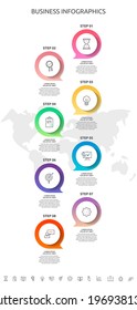 8 steps infographics with dialogs and charts. Vector circles template eight parts used for diagram, business, web, workflow layout, presentations, timeline, levels, chart, processes diagram
