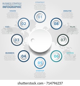 8 steps modern and clean Business Infographics, strategy, timeline, design template graphic blue grey color tone illustration. Vector eps10.