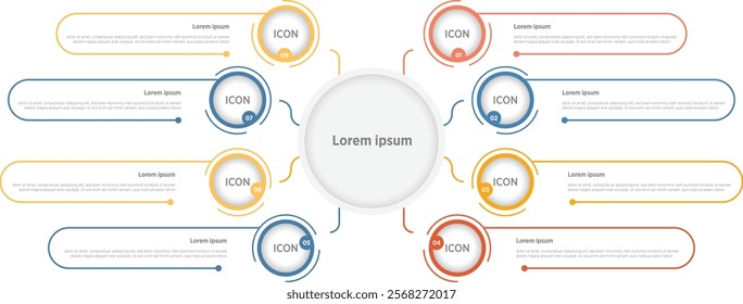 8 steps Modern infographic template with 8 options. Flowchart that can be used for business report, data visualization and presentation. Timeline infographic elements vector illustration.