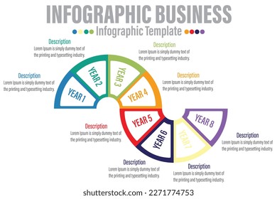 8 Steps Modern Timeline diagram with planning year workflow and circles presentation vector infographic. Infographic template for business. 