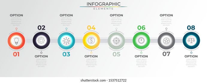 8 steps process infographic with colorful circular elements and icons. Minimal process template. Modern vector art for company or corporate business project and presentation. Trendy Eps10 design