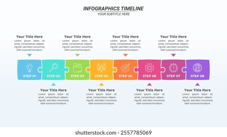 8 Steps Puzzle Infographics on a 16:9 Layout for Business Presentation, Poster, Banner and Booklet.