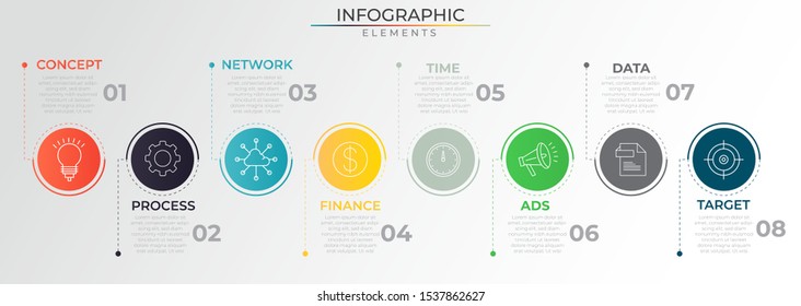 8 steps timeline infographic with colorful circular elements and icons. Minimal process template. Modern vector art for company or corporate business project and presentation. Trendy Eps10 design